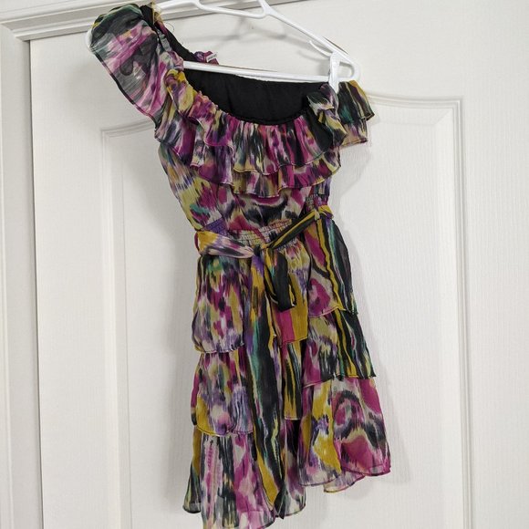 S Bright Multi-Colour One Shoulder Ruffle Dress - Picture 3 of 5